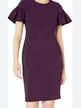 Calvin Klein Plum Ruffle Sleeve Midi Office Business Dress size 10